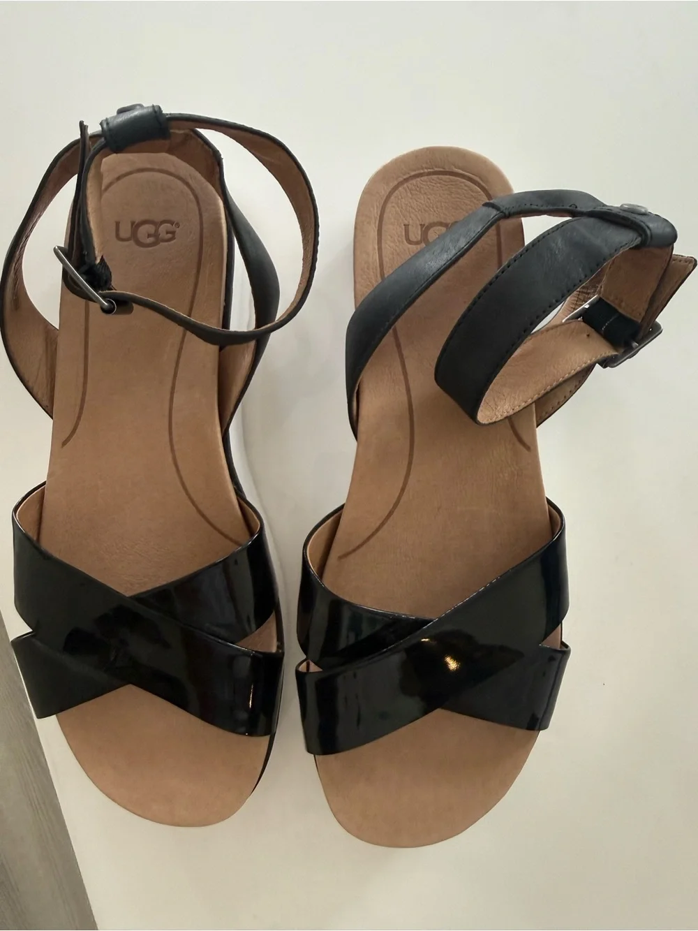 UGG Women’s Black Patent Crisscross Platform Sandals with White Sole